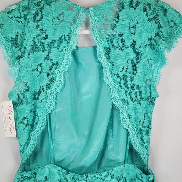 Pink Lily Dress Womens Large Turquoise Floral Lace Casual Backless Knee Length - Picture 7 of 13